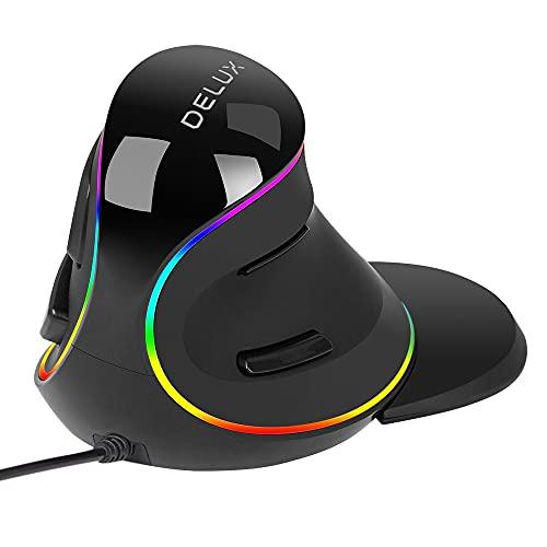 DELUX 有線エルゴノミクスマウス RGBライト縦型マウス 最大12800DPI、取り外し可能リス...