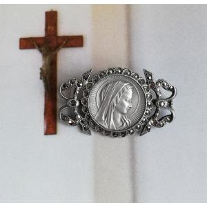 シルバーとマーカサイト 聖母マリアのブローチ フランスアンティーク｜bau-antiques