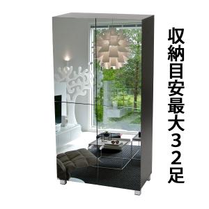 シューズボックス シューズラック 前面ミラー付き 黒 4枚扉 大容量