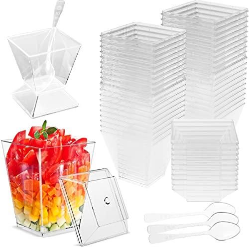 50PCS デザートカップ 使い捨てプラスチックカップ スプーンと蓋付き 正方形 60ML 透明な食...