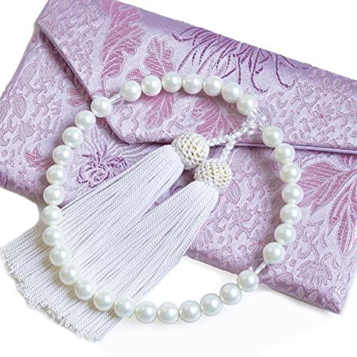 数珠 女性用 花珠貝パール 8mm 数珠袋セット 天然貝核 ホワイト 白 念珠