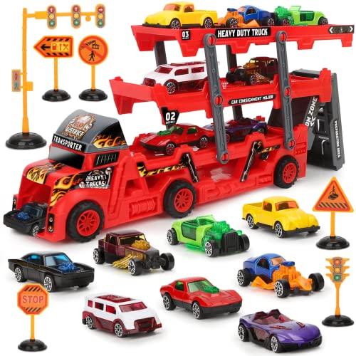 DINORUN 建設車両セットミニカーセット 車おもちゃ はたらくくるま 収納車セット 交通標識や車...