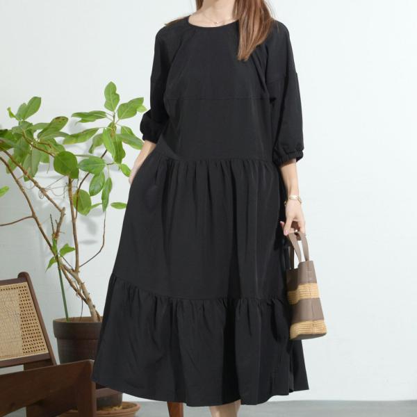 シャーリングデザインティアードワンピース 膝下丈 カジュアル フェミニン 無地 春夏