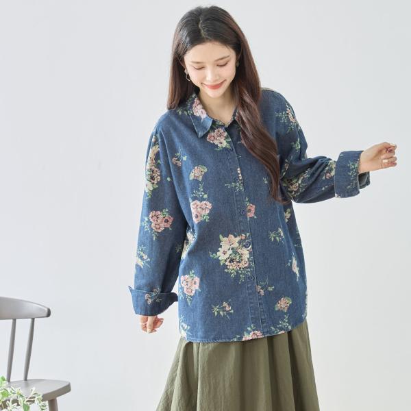 【即納】フラワープリントデニムシャツトップス 長袖 ブラウス 花柄 綿100％ AW 秋冬 春夏 新...