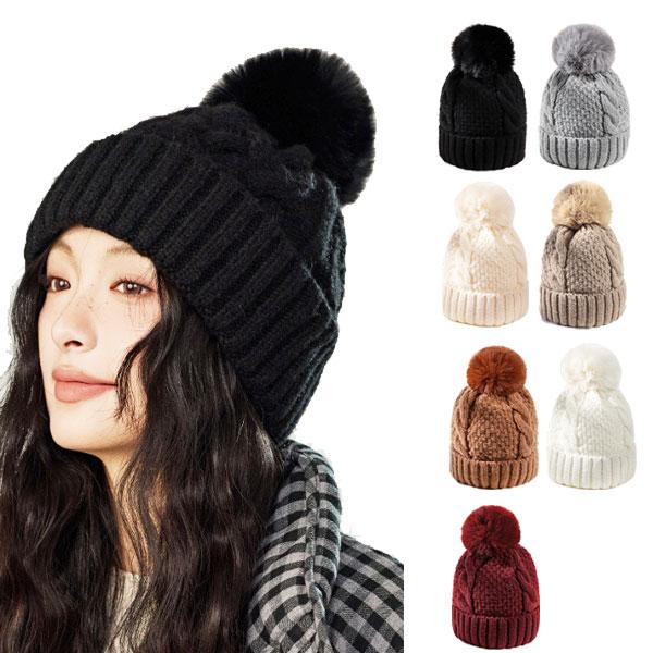 ボンボン ニット帽 ケーブルニット ボア付き 厚手 帽子 ニットキャップ ぼんぼん ビーニー メンズ...