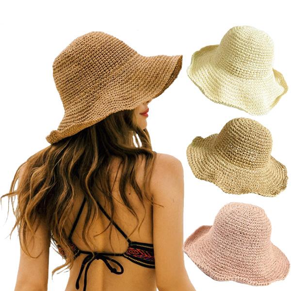 麦わら帽子 ストローハット つば広 南国風 コンパクト 日焼け対策 ペーパーハット つば広 UVカッ...