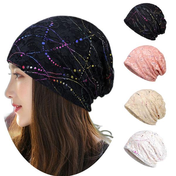 レースキャップ スパンコール 帽子 医療用 外出用 ヘアキャップ ゴールデンライン ルームキャップ ...