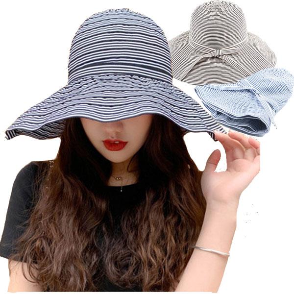 UVカット ハット 折りたたみ つば広帽子 ボーダー リボン カジュアル クラッシック 日焼け対策 ...