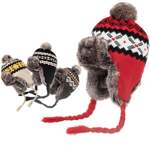 ニット帽　耳当てつき ノルディック柄 北欧風 防寒 防風 イヤーフラップ　秋冬 真冬 裏地ボア付き ...