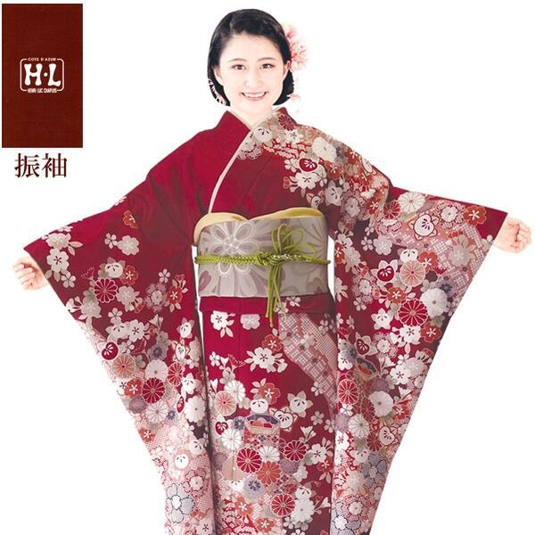 【H.L 洗える振袖着物 205・E】着物・袋帯・襦袢セット（ダスティカラー 赤 花柄）成人式 結婚...