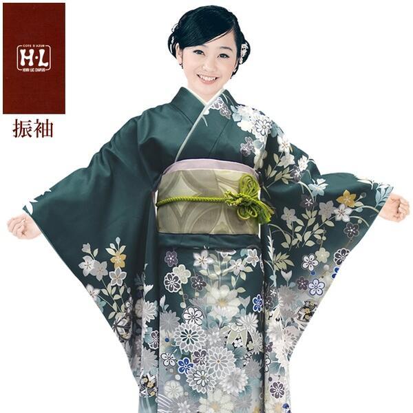 【H.L 洗える振袖着物 211・F】着物・袋帯・襦袢セット（ダスティカラー 深緑 花柄）成人式 結...