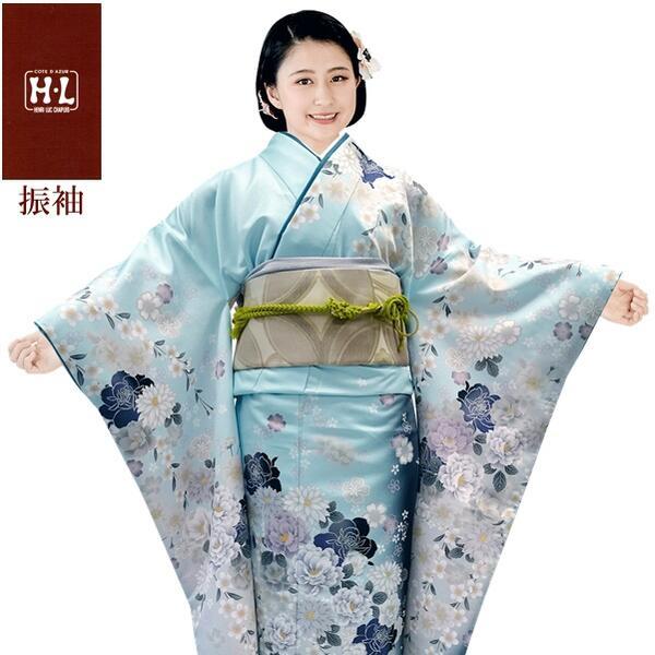 【H.L 洗える振袖着物 216・F】着物・袋帯・襦袢セット（ダスティカラー 水色 花柄）成人式 結...