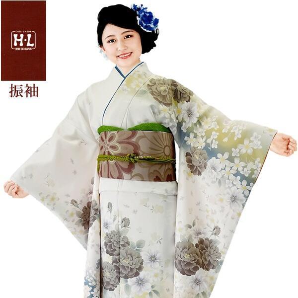 【H.L 洗える振袖着物 218・E】着物・袋帯・襦袢セット（ダスティカラー 白 花柄）成人式 結婚...