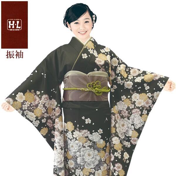 【H.L 洗える振袖着物 219・D】着物・袋帯・襦袢セット（ダスティカラー 深緑 花柄）成人式 結...