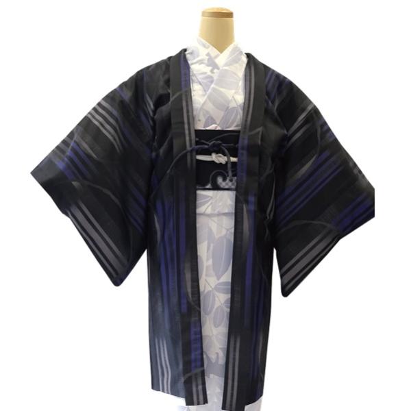 【大島調ロマン羽織】H.L 長羽織単品【No.618 黒】アート 縞 はおり 小紋 モダン カジュア...