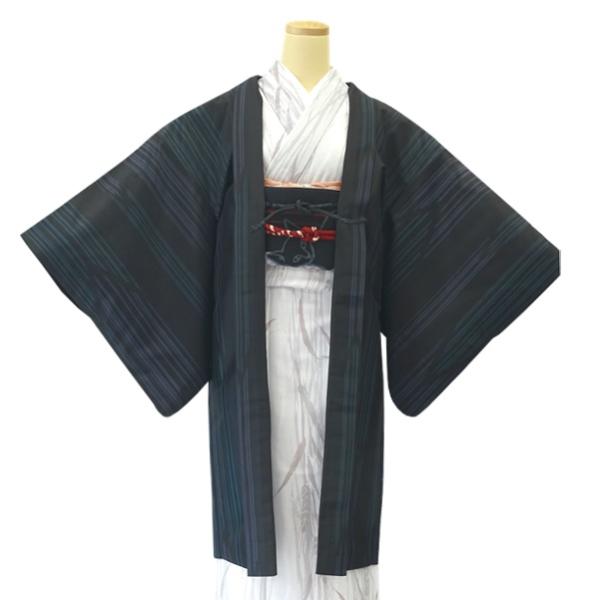 【大島調ロマン羽織】H.L 長羽織単品【No.620 黒】縞 はおり 小紋 モダン カジュアル 普段...