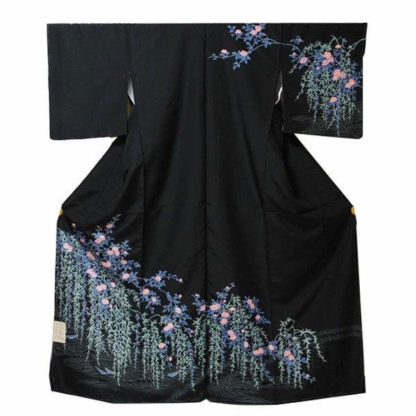 【日本製】仕立上り 袷付下げ ピンクのしだれ花 黒（003）洗える ポリエステル