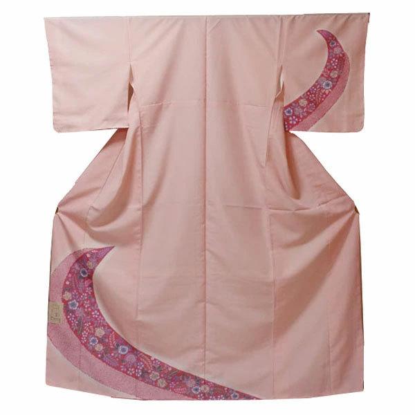 【日本製】仕立上り 袷付下げ 花＆疋田柄（ピンク）（057）洗える ポリエステル