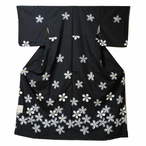 【日本製】仕立上り 袷付下げ 大きな桜の花 黒（059）洗える ポリエステル