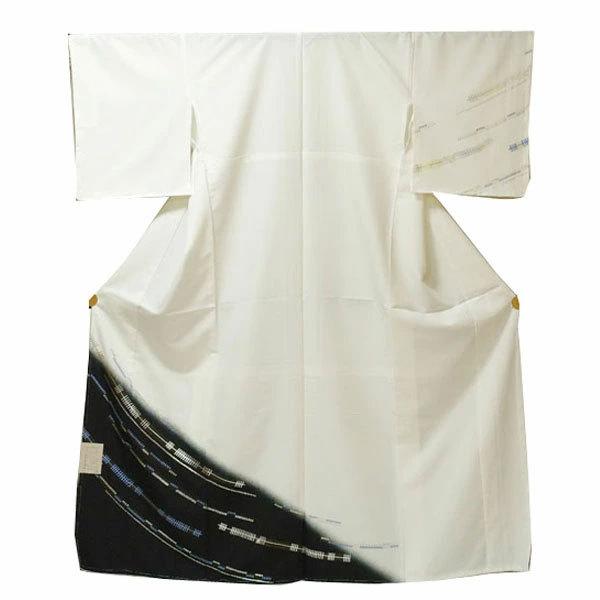 【日本製】仕立上り 袷付下げ キラキラ幾何学模様 白（061）洗える ポリエステル