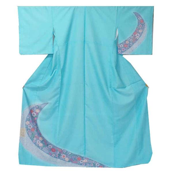 【日本製】仕立上り 袷付下げ 花＆疋田柄（水色）（071）洗える ポリエステル