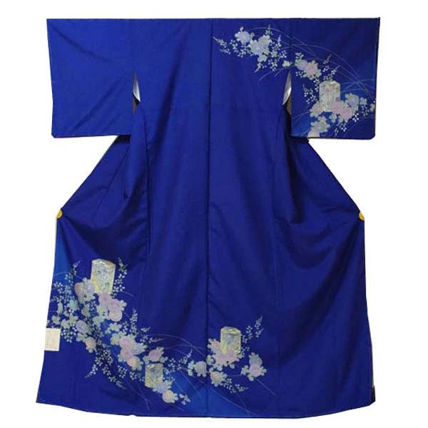【日本製】仕立上り 袷付下げ 渋い菊の花 群青色（081）洗える ポリエステル
