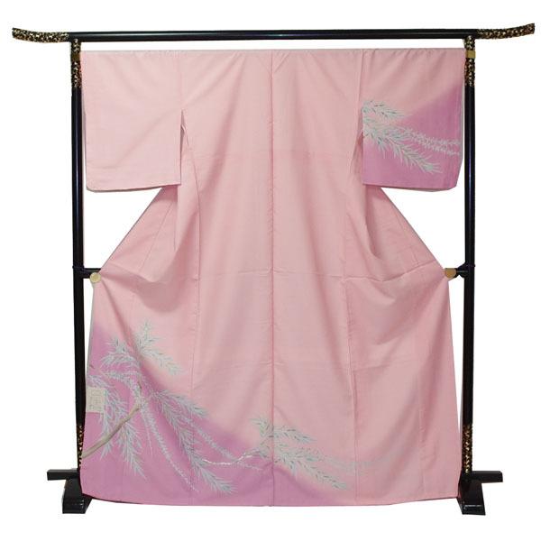 【日本製】仕立上り 袷付下げ 柳柄（ピンク）（085）洗える ポリエステル