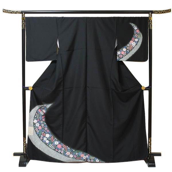 【日本製】仕立上り 袷付下げ 花＆疋田柄 黒（091）洗える ポリエステル