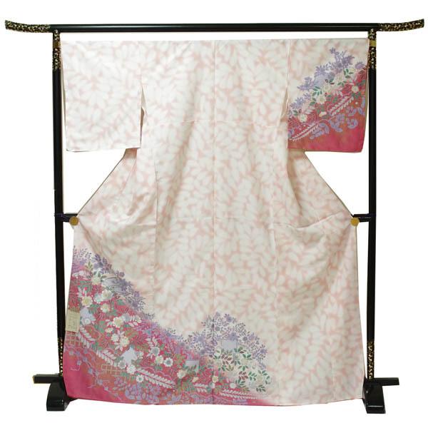 【日本製】仕立上り 袷付下げ レトロ花涙模様 薄ピンク（110）洗える ポリエステル