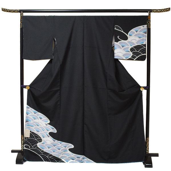 【日本製】仕立上り 袷付下げ 波模様（黒）（111）洗える ポリエステル