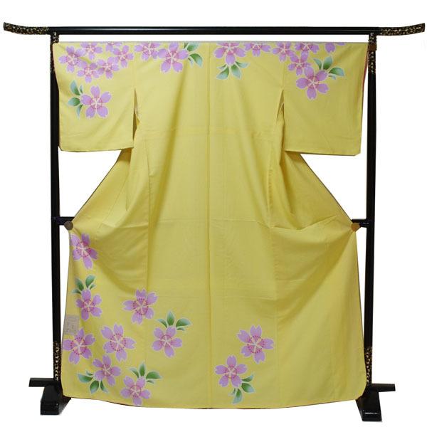 【日本製】仕立上り 袷付下げ 大きなピンク桜柄 黄色（113）洗える ポリエステル
