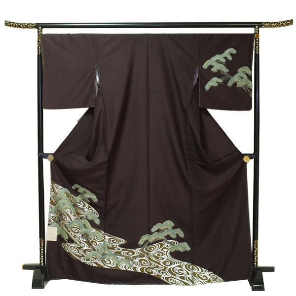 【日本製】仕立上り 袷付下げ 松の木と波柄（茶）（116）洗える ポリエステル