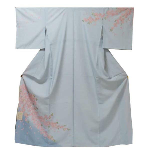 【日本製】仕立上り 袷付下げ しだれ桜（水色）（127）洗える ポリエステル
