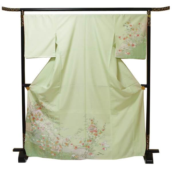 【日本製】仕立上り 袷付下げ 色々な小花模様（桜の地模様）黄緑（140）洗える ポリエステル