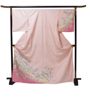 平和屋着物▽訪問着 単衣 扇面花鳥文 金彩 洗える着物 AAAZ1403fy