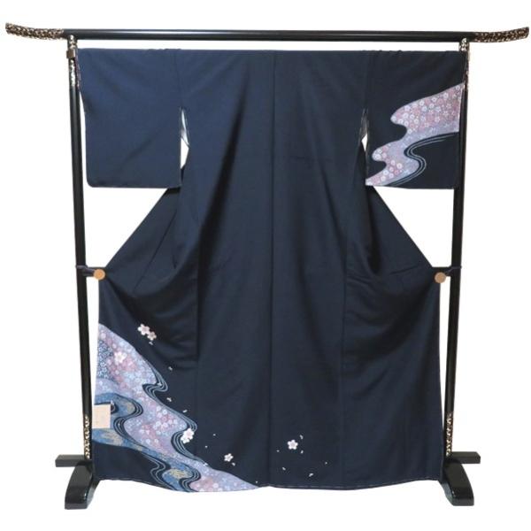 【日本製】仕立上り 袷付下げ 小花 河柄 紺（157）洗える ポリエステル