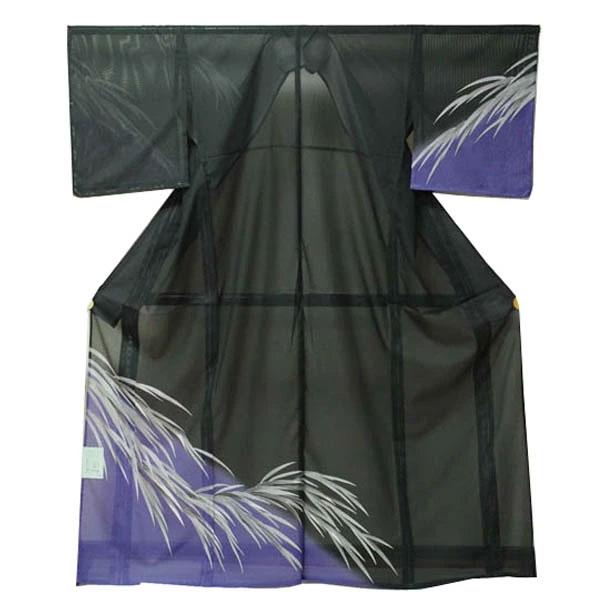 【日本製】仕立上り 絽付下げ 笹柄 インパクト大（黒・紫）洗える ポリエステル 撥水加工 7月 8月...