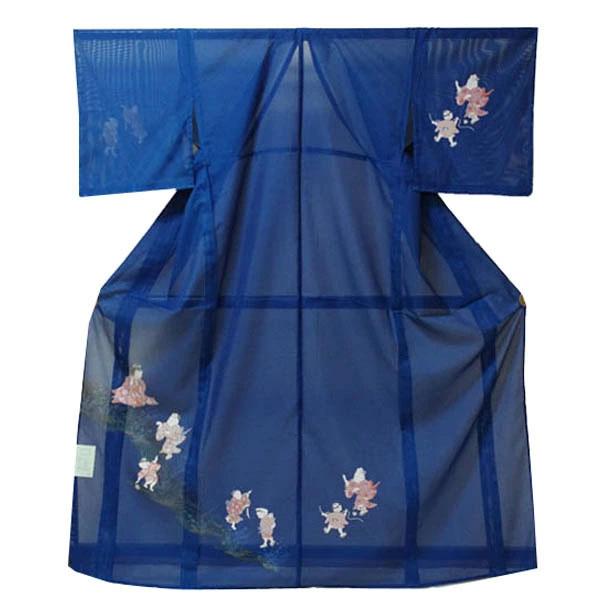 【日本製】仕立上り 絽付下げ 楽しく遊ぶわらべ 子供（紺）洗える ポリエステル 撥水加工 7月 8月...