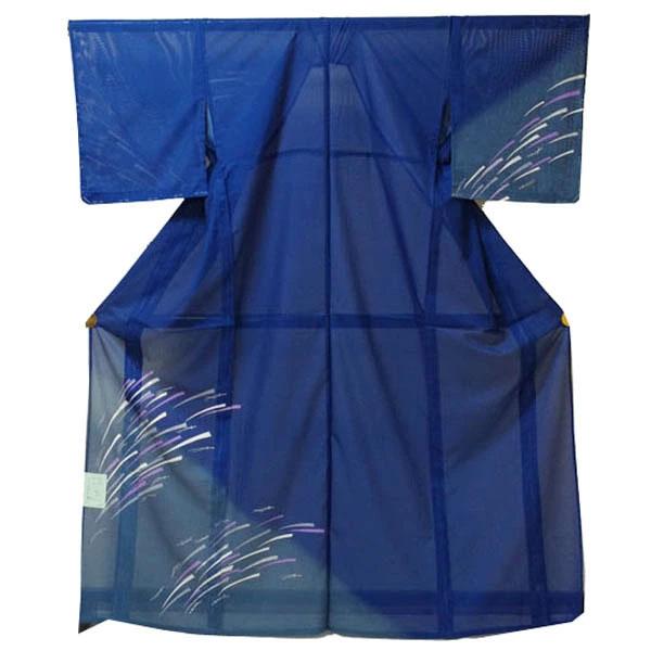 【日本製】仕立上り 絽付下げ 花火風 金色松の葉（藍色）洗える ポリエステル 撥水加工 7月 8月（...