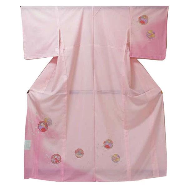 【日本製】仕立上り 絽付下げ  雪輪に小花柄（ピンク色）（054）洗える ポリエステル 撥水加工 7...