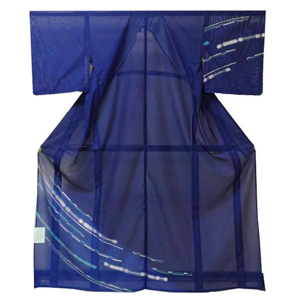 【日本製】仕立上り 絽付下げ  キラキラ ラメ 幾何学模様（紺色）洗える ポリエステル 撥水加工 7...