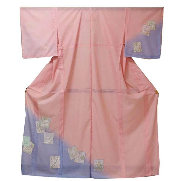 【日本製】仕立上り 絽付下げ  花札 薄紫（サーモンピンク）洗える ポリエステル 撥水加工 7月 8...