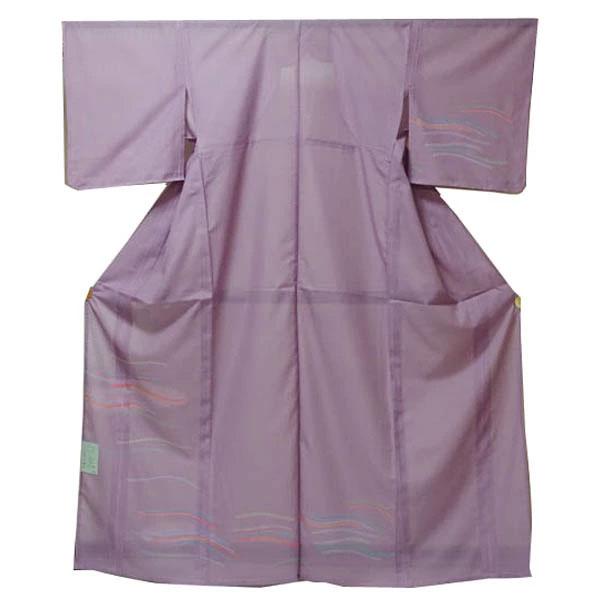 【日本製】仕立上り 絽付下げ  カラフル 波ライン（薄藤色）洗える ポリエステル 撥水加工 7月 8...