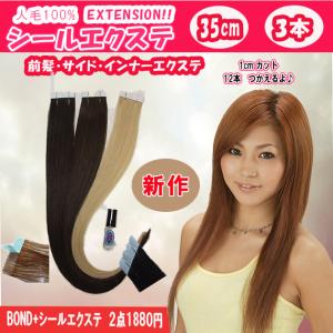 シールエクステ 人毛100% 43cm 3本セット +ボンド(5ml)のセット、1cm
