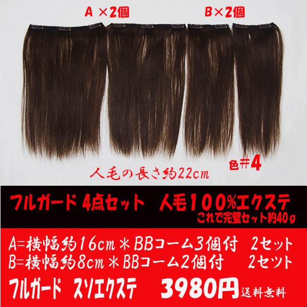 【スソエクステ　エクステ　襟足エクステ　人毛100%】22cm 人毛タップリ40g ４点セット