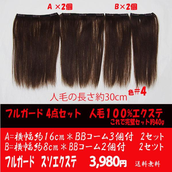 【スソエクステ　エクステ　襟足エクステ　人毛100%】30cm 人毛タップリ40g ４点セット