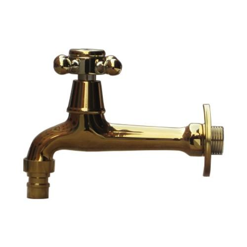 洗面水栓 蛇口 水栓金具 洗濯機用 壁付け 単水栓 クロスハンドル ゴールド(金) 奥行13.8cm...