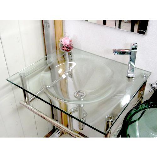 洗面台 交換 ガラス おしゃれ リフォーム 洗面ボウル ステンレス台の３点セット クリア 幅55cm...