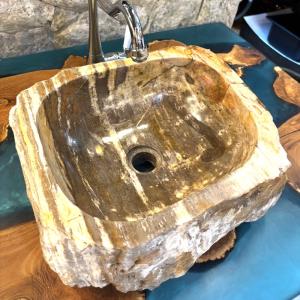 洗面ボウル 珪化木 Petri Fied Wood 木化石 天然石 ウリン チーク インドネシア ハンドメイド 貴重 ブラウン ベージュ 幅40cm petrifiedwood-512 送料無料