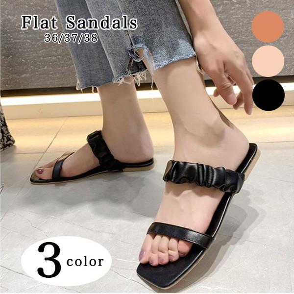 サンダル レディースサンダル スクエアトゥサンダル 夏 歩きやすい ぺたんこ フラットサンダル 痛く...